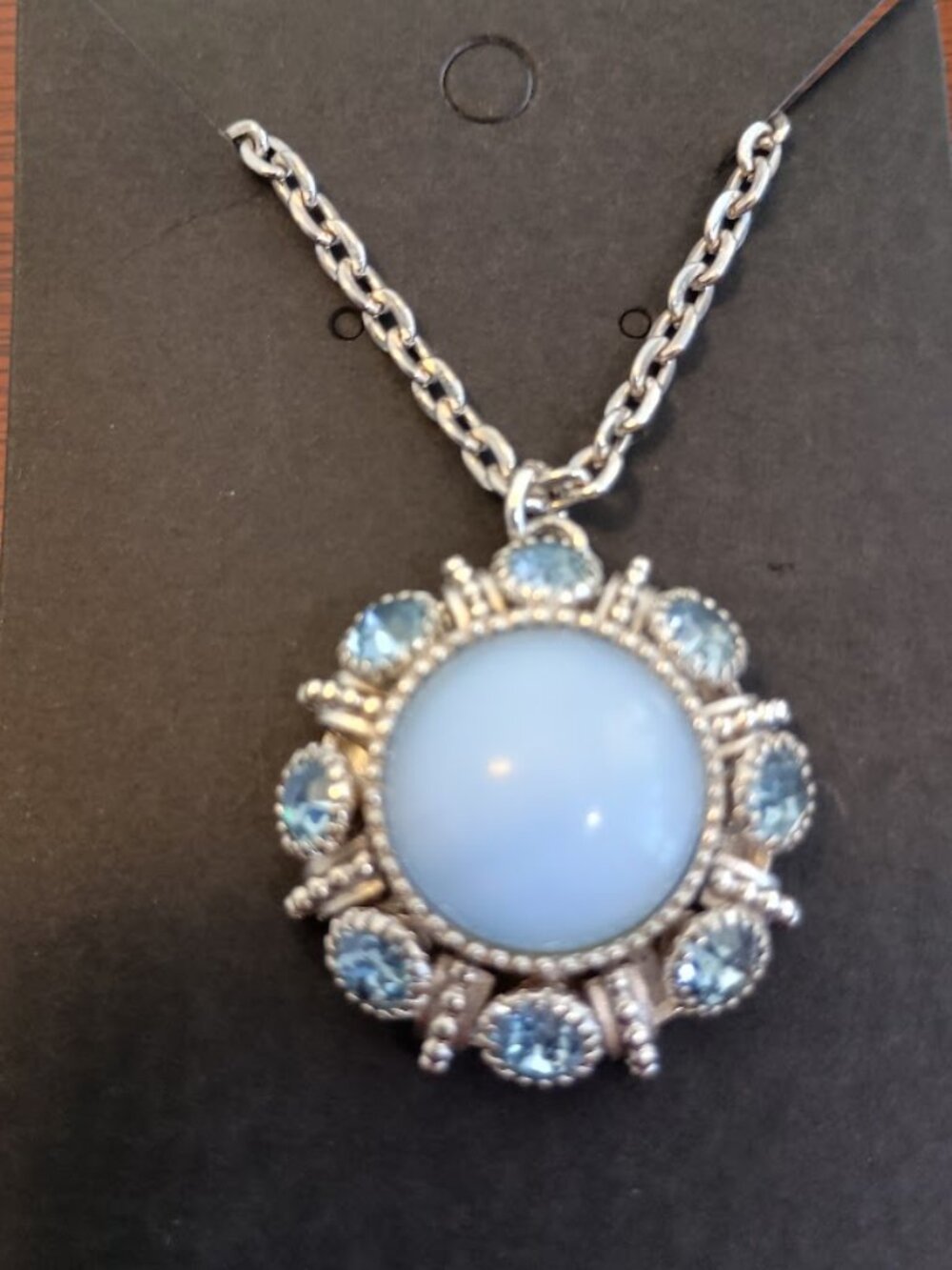 Vintage 60's Avon Moonglow Cabochon & Rhinestone Light Blue Pendant
